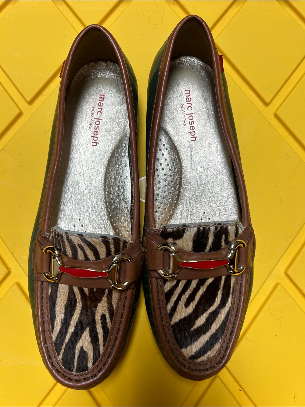 Marc Joseph Brown Zebra-Print Leather Loafers with Red Accent